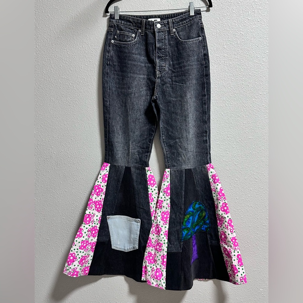 Lovers & Friends Patchwork Wide Leg Bell Bottom Flora Mushroom Jeans Size 27